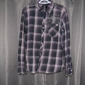 Casual Black and Purple Plaid Button-Down Shirt